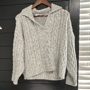 Mango Light Gray V-Neck Cable Knit Sweater